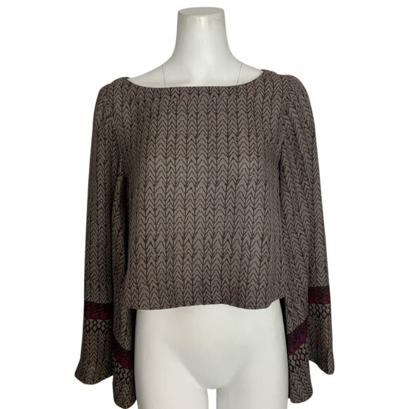 Free People Stars Aligned Bell Sleeve Crop Top S Mocha Combo Western Bohemian - Picture 1 of 11